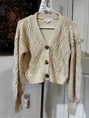 Planet Gold Cream Cable Knit Cardigan M Balloon Sleeve Chunky Sweater